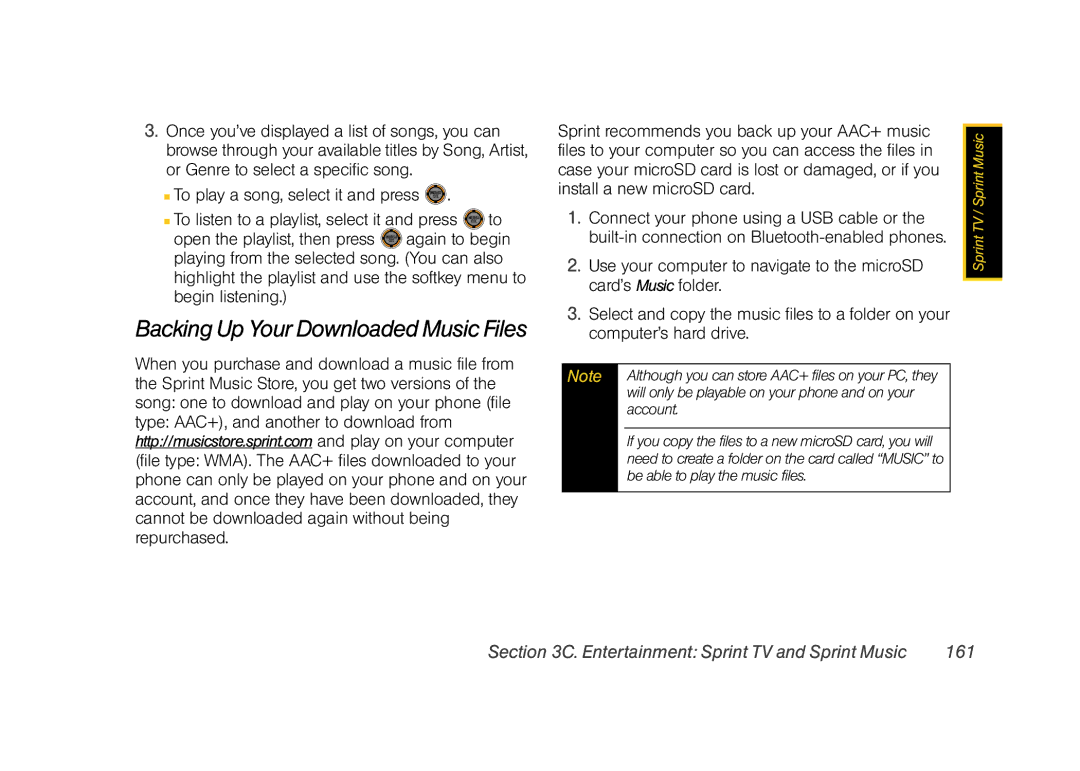 Sprint Nextel M520 manual Sprint recommends you back up your AAC+ music, Files to your computer so you can access the files 