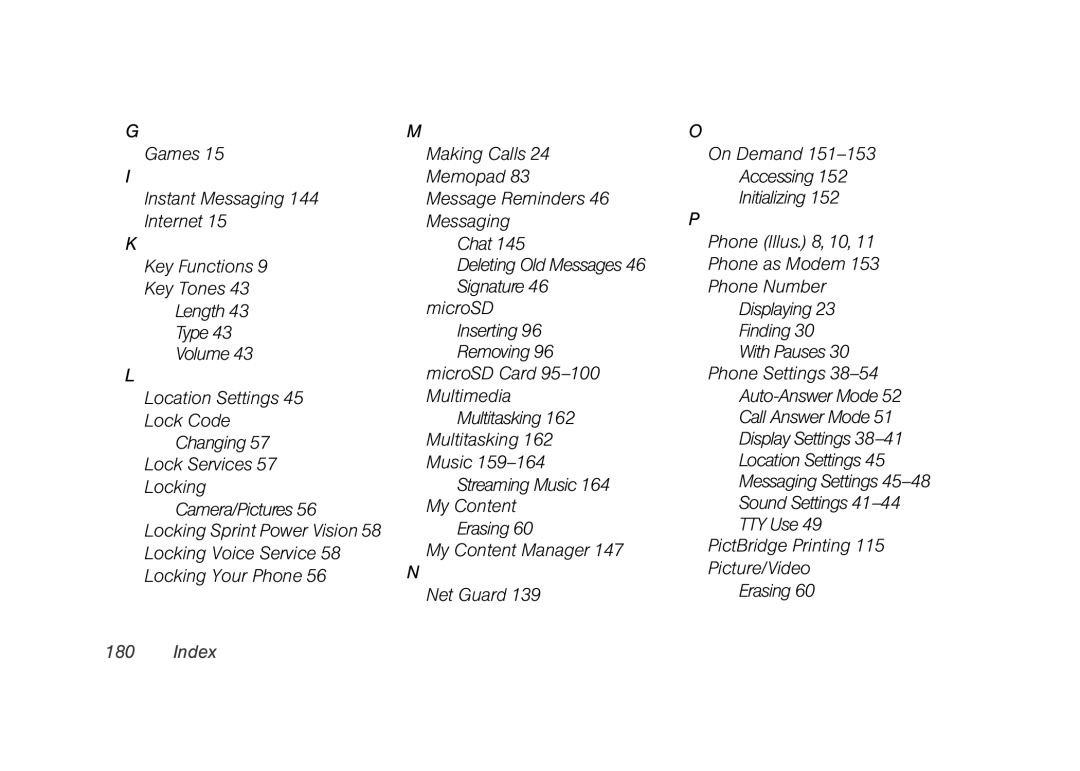 Sprint Nextel M520 manual Index 