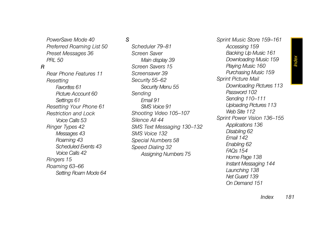 Sprint Nextel M520 manual Index 