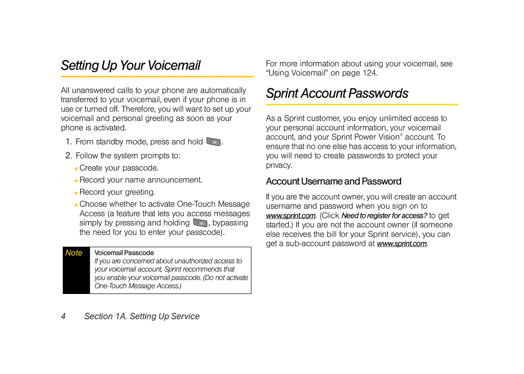 Sprint Nextel M520 manual Setting Up Your Voicemail, Sprint Account Passwords, Account Username and Password 