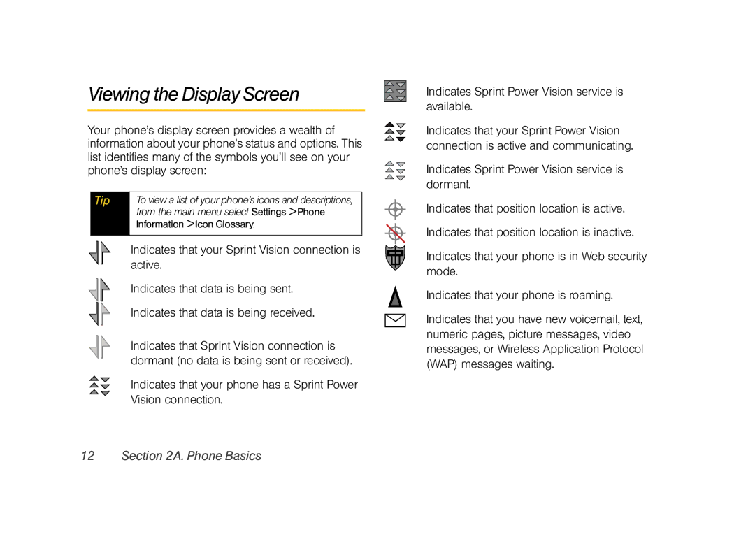 Sprint Nextel M520 manual Viewing the Display Screen, Indicates Sprint Power Vision service is available 