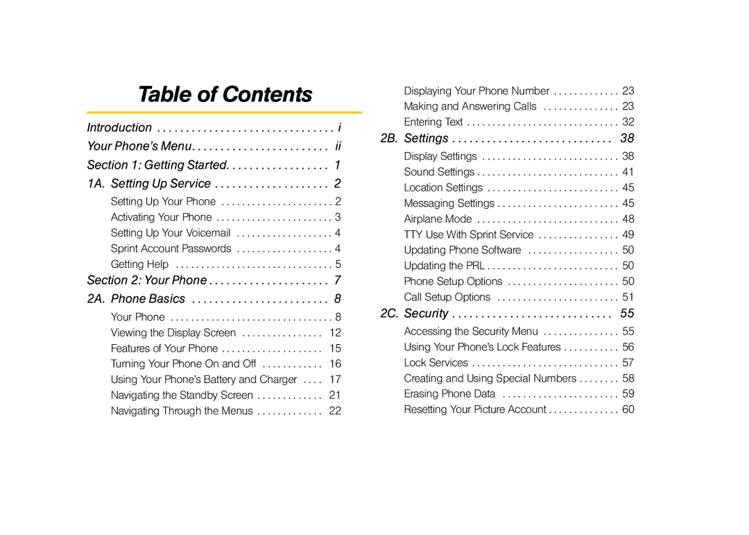 Sprint Nextel M520 manual Table of Contents 