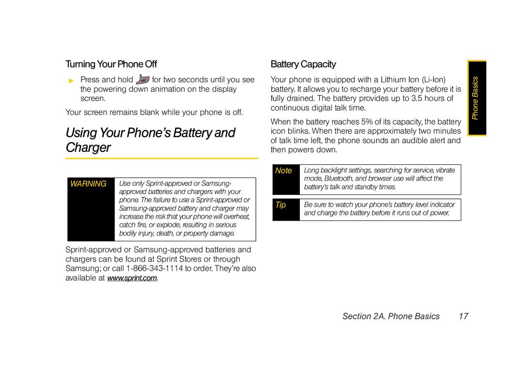 Sprint Nextel M520 manual Using Your Phone’s Battery and Charger, Turning Your Phone Off, Battery Capacity 