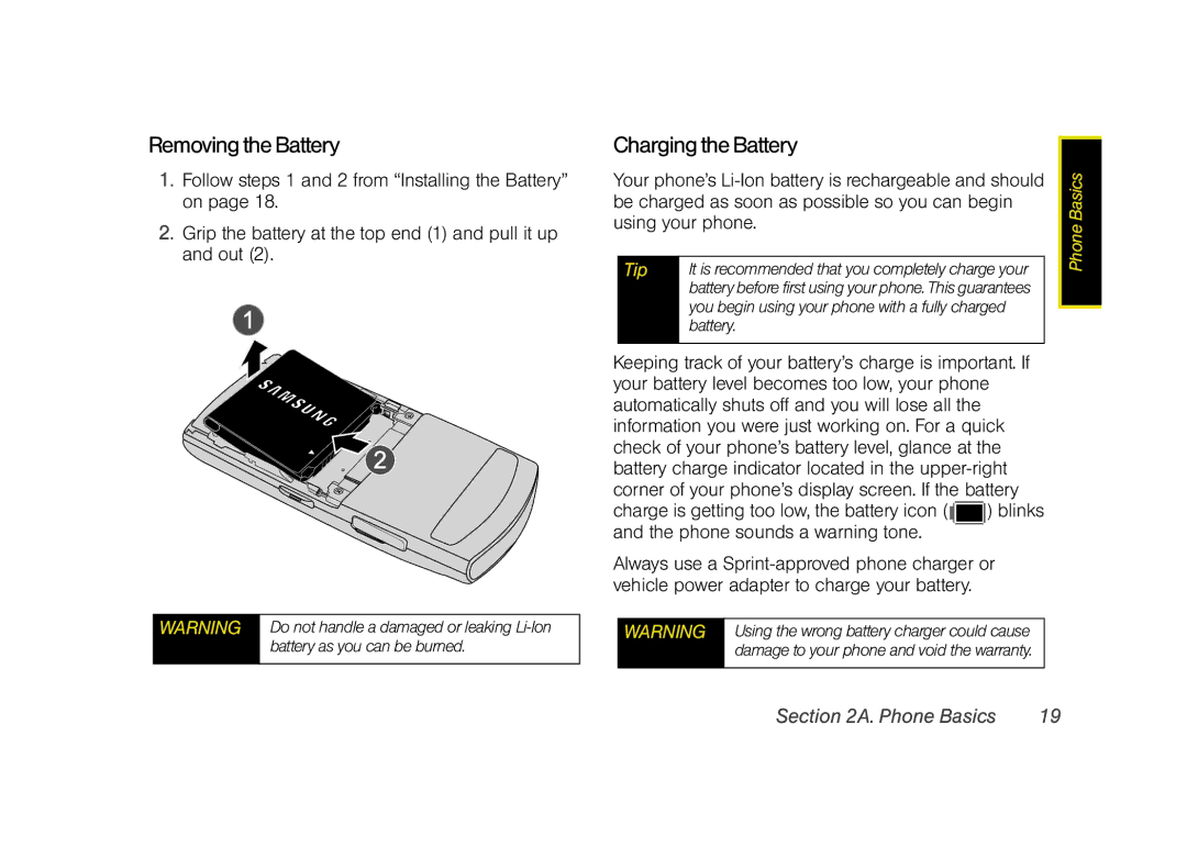 Sprint Nextel M520 manual Removing the Battery, Your phone’s Li-Ion battery is rechargeable and should 