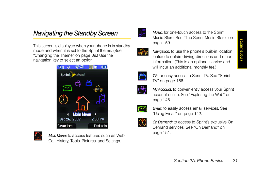 Sprint Nextel M520 manual Navigating the Standby Screen 