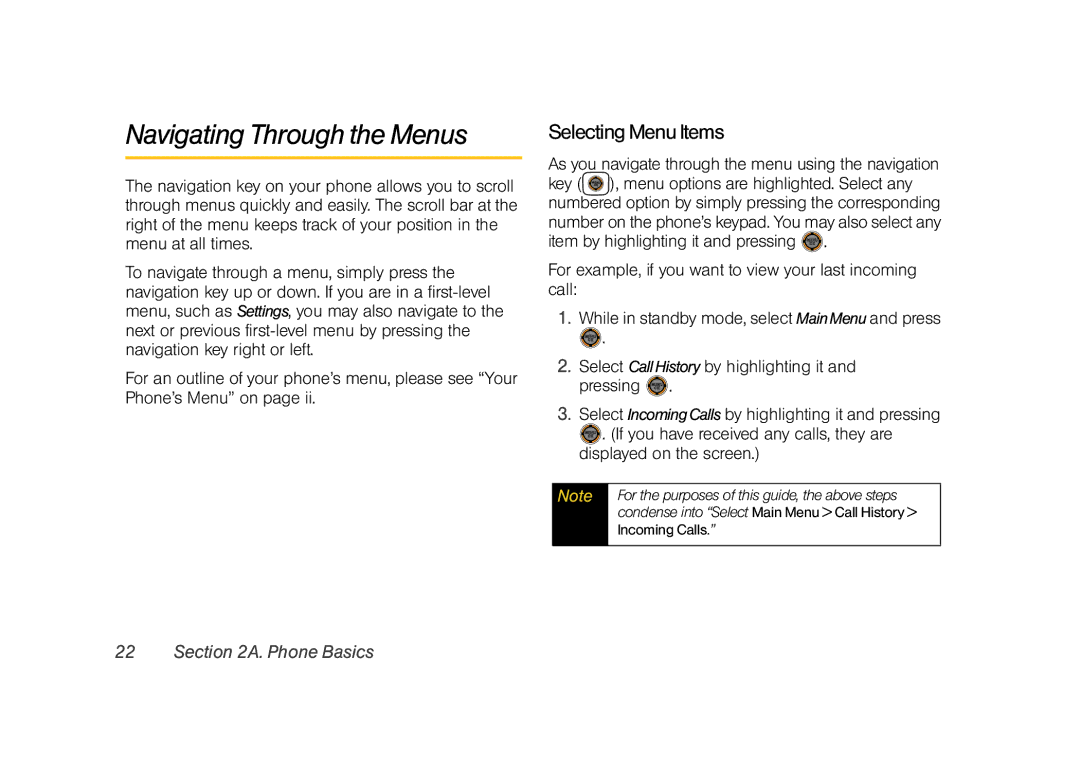 Sprint Nextel M520 manual Navigating Through the Menus, Selecting Menu Items 