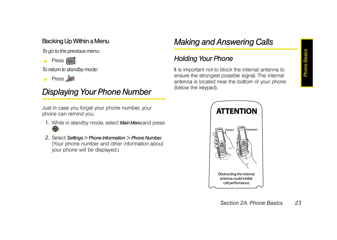 Sprint Nextel M520 Displaying Your Phone Number, Making and Answering Calls, Holding Your Phone, Backing Up Within a Menu 