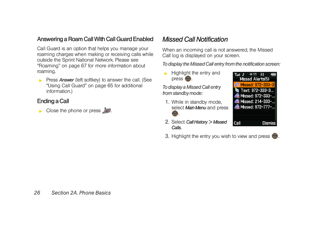 Sprint Nextel M520 manual Missed Call Notification, Ending a Call, To display a Missed Call entry from standby mode 