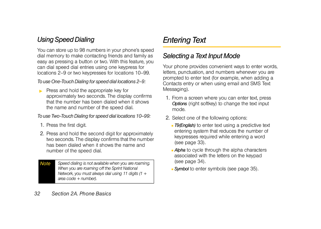 Sprint Nextel M520 manual Entering Text, Using Speed Dialing, Selecting a Text Input Mode, Press the first digit 