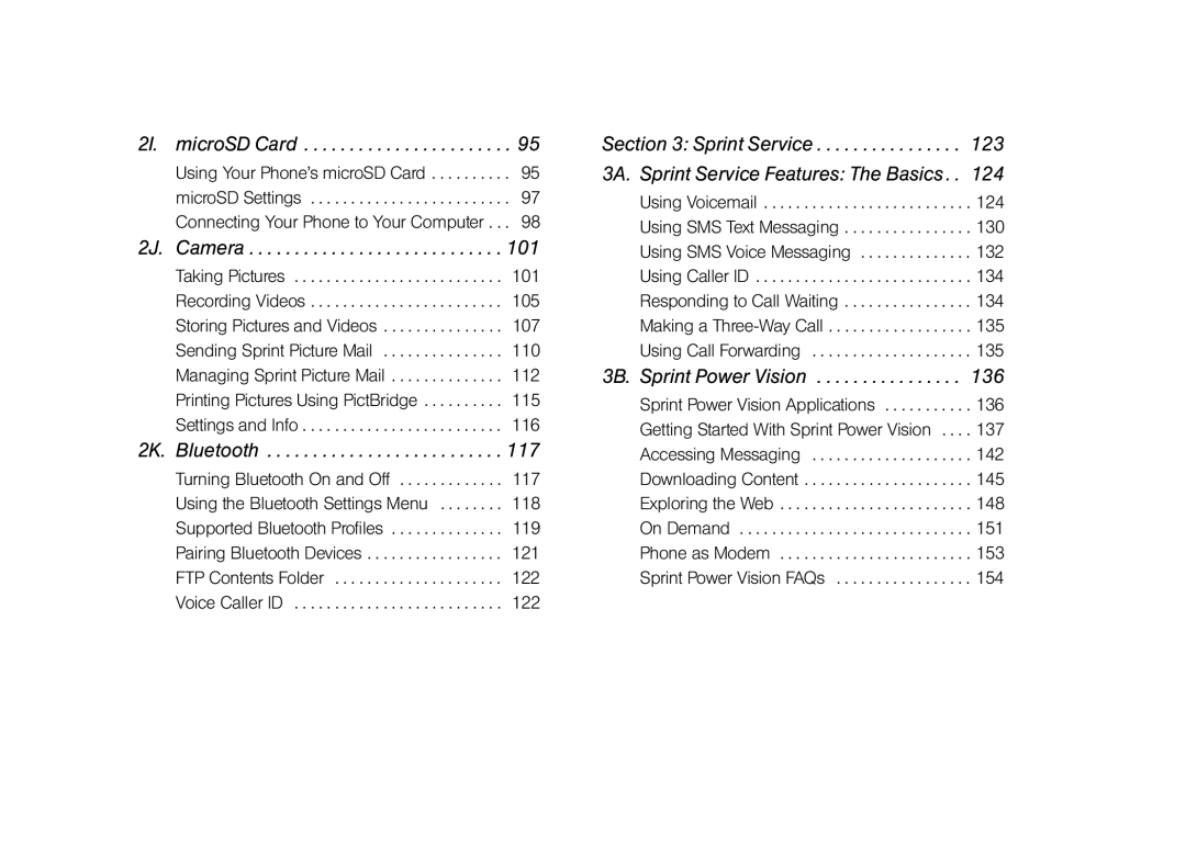Sprint Nextel M520 2I. microSD Card, 2J. Camera, 2K. Bluetooth, Sprint Service 3A. Sprint Service Features The Basics 