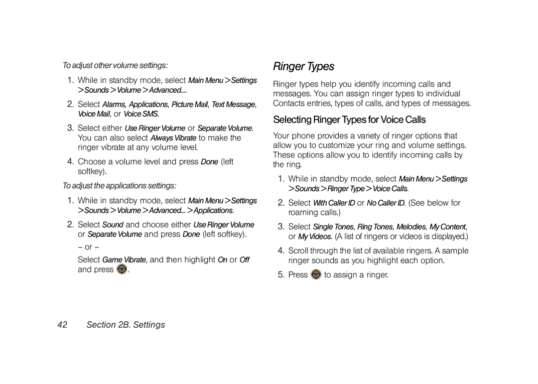 Sprint Nextel M520 manual Selecting Ringer Types for Voice Calls, To adjust other volume settings 