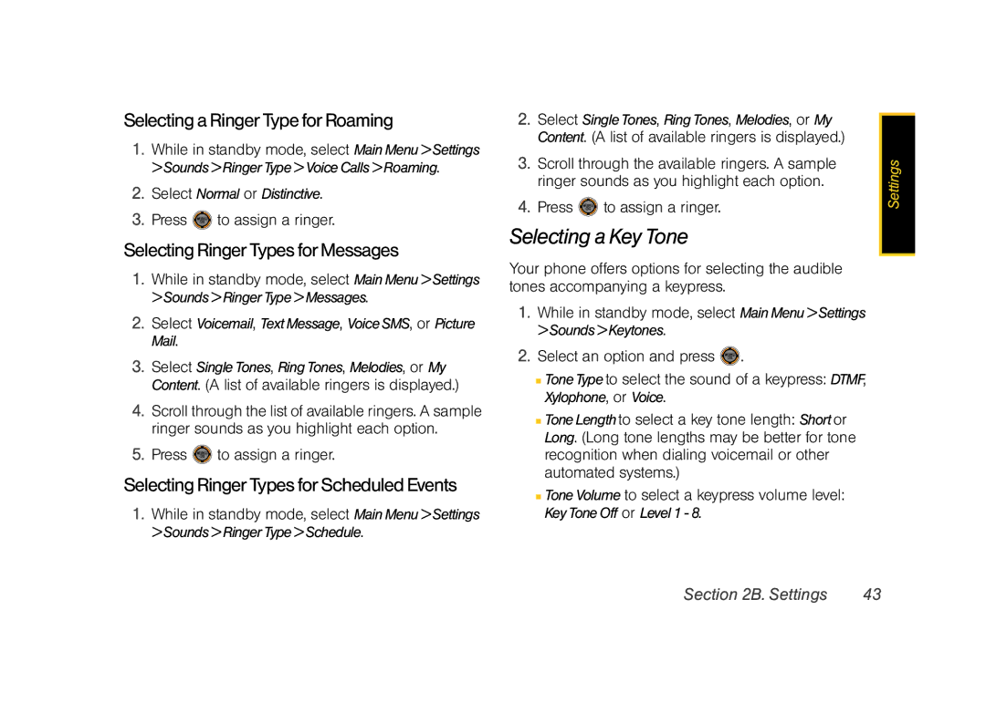 Sprint Nextel M520 manual Selecting a Key Tone, Selecting a Ringer Type for Roaming, Selecting Ringer Types for Messages 