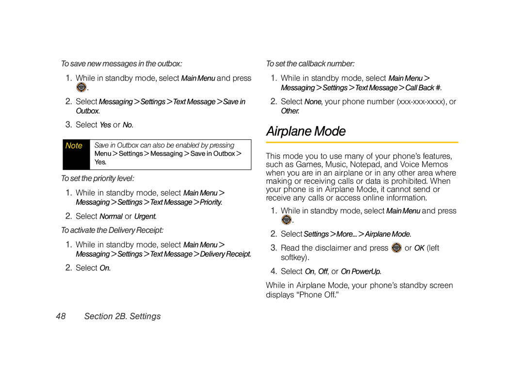 Sprint Nextel M520 manual Airplane Mode, To save new messages in the outbox, To set the priority level 