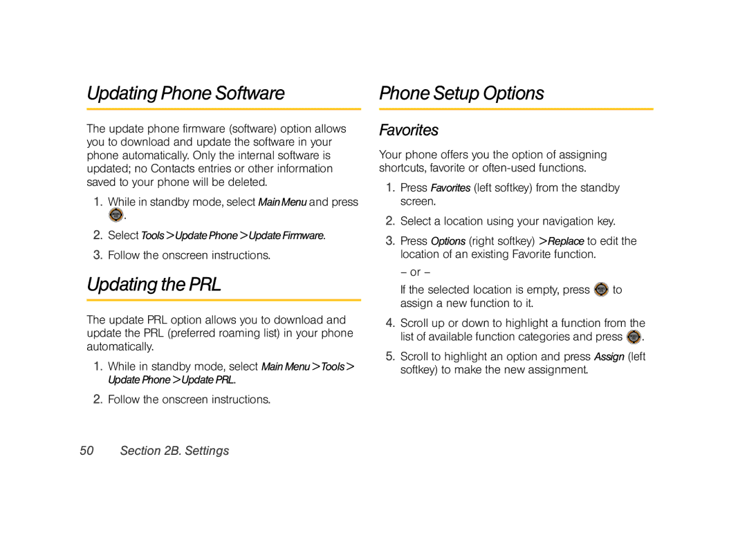 Sprint Nextel M520 manual Updating Phone Software Phone Setup Options, Updating the PRL, Favorites 