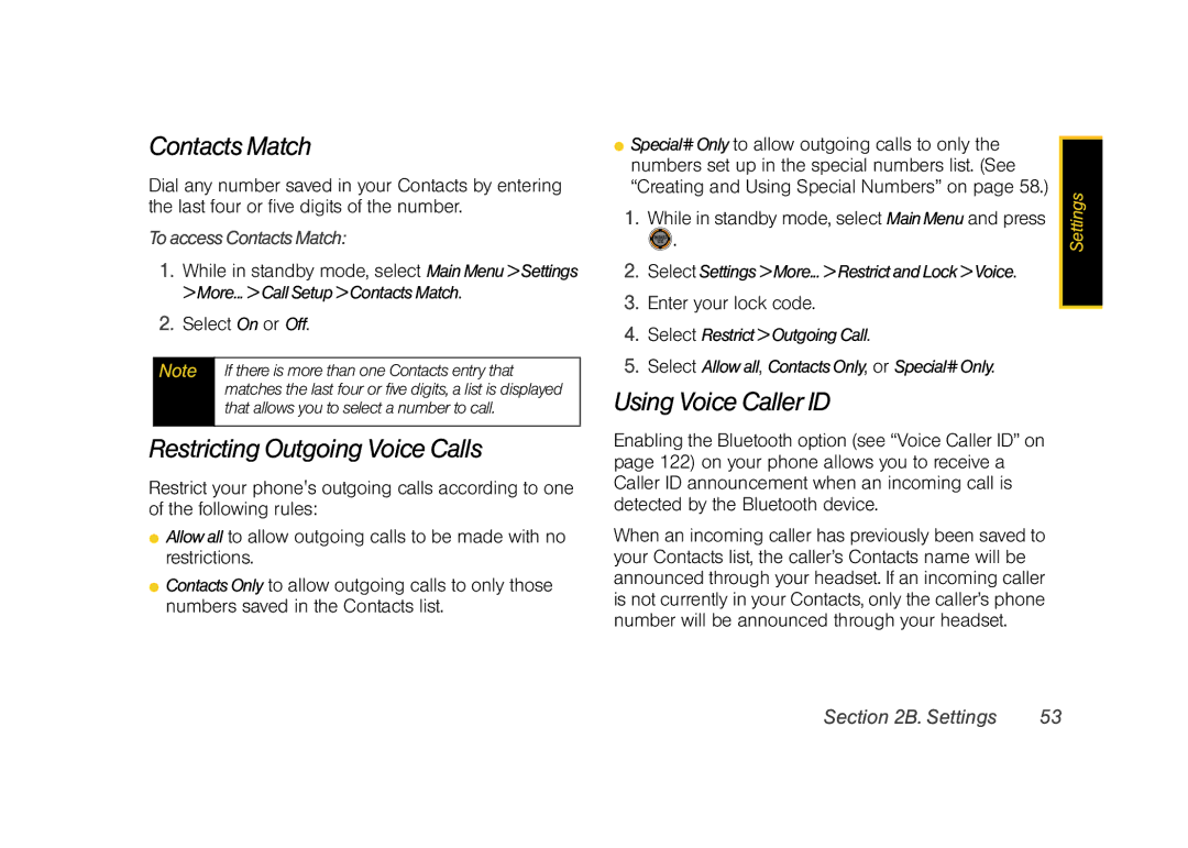 Sprint Nextel M520 manual Restricting Outgoing Voice Calls, Using Voice Caller ID, To access Contacts Match 