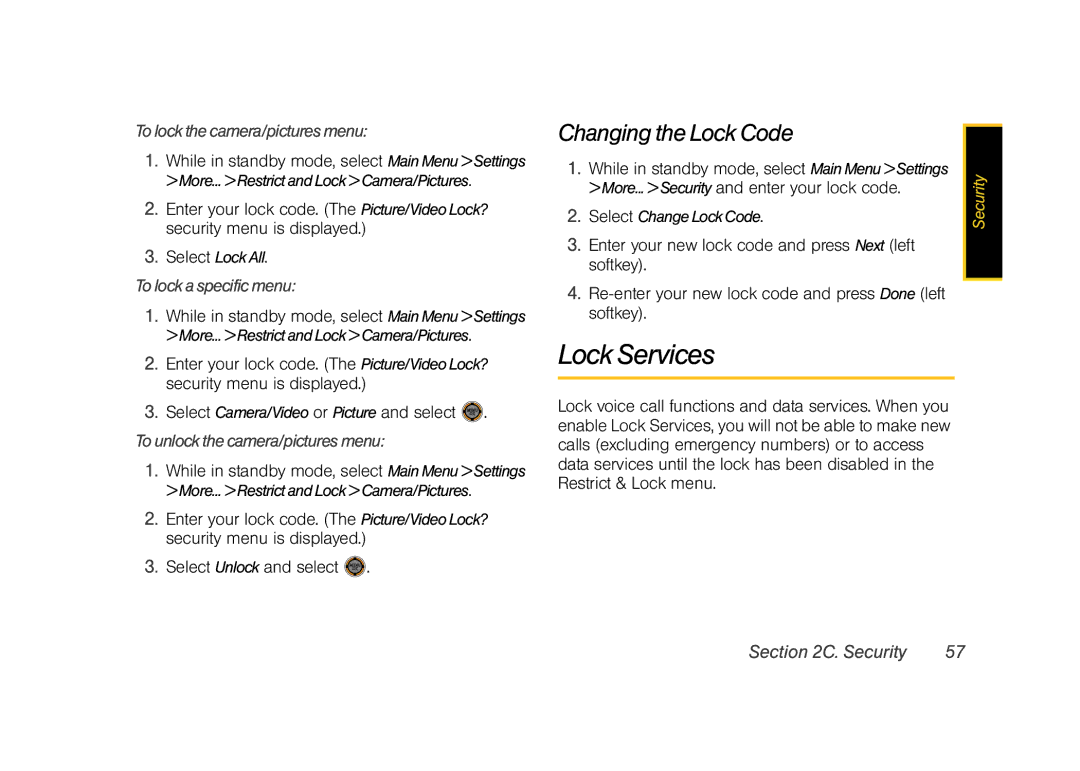 Sprint Nextel M520 manual Lock Services, Changing the Lock Code, To lock the camera/pictures menu, To lock a specific menu 