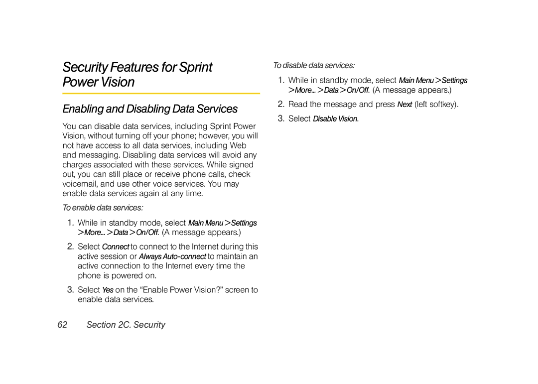 Sprint Nextel M520 manual Security Features for Sprint Power Vision, Enabling and Disabling Data Services 