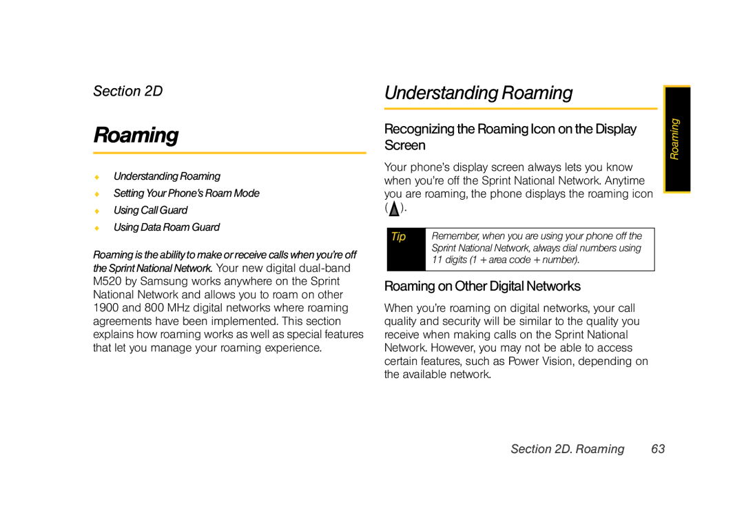 Sprint Nextel M520 manual Understanding Roaming, Recognizing the Roaming Icon on the Display Screen 