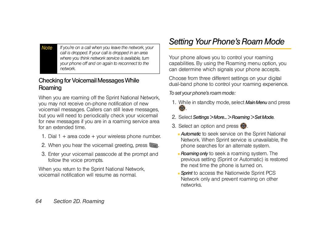 Sprint Nextel M520 manual Setting Your Phone’s Roam Mode, Checking for Voicemail Messages While Roaming 