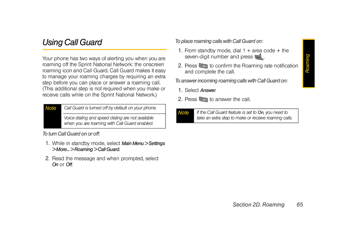 Sprint Nextel M520 Using Call Guard, To turn Call Guard on or off, Read the message and when prompted, select On or Off 