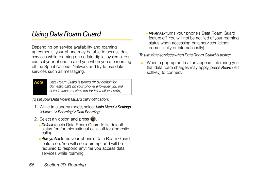 Sprint Nextel M520 manual Using Data Roam Guard, To set your Data Roam Guard call notification 