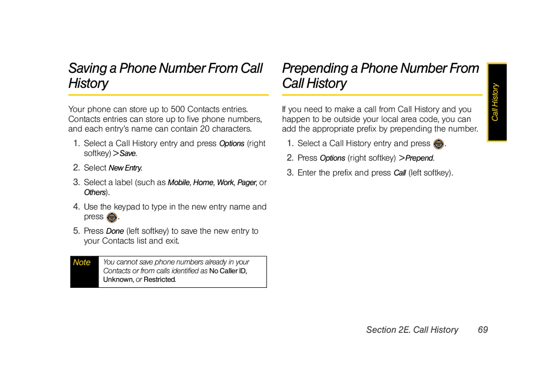 Sprint Nextel M520 manual Saving a Phone Number From Call History, Prepending a Phone Number From Call History 