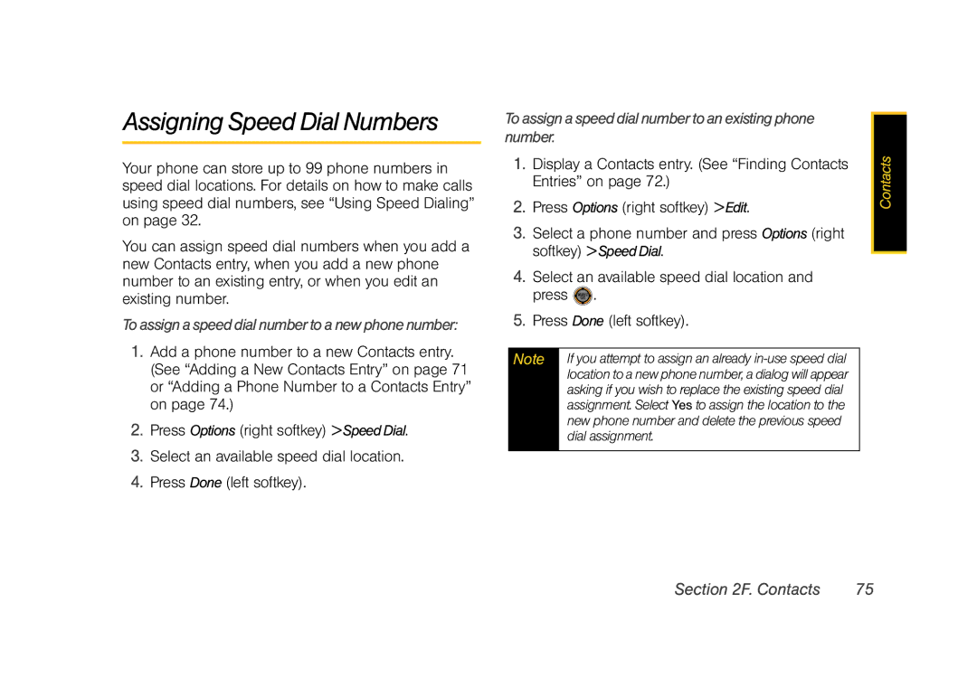 Sprint Nextel M520 manual Assigning Speed Dial Numbers, To assign a speed dial number to an existing phone number 