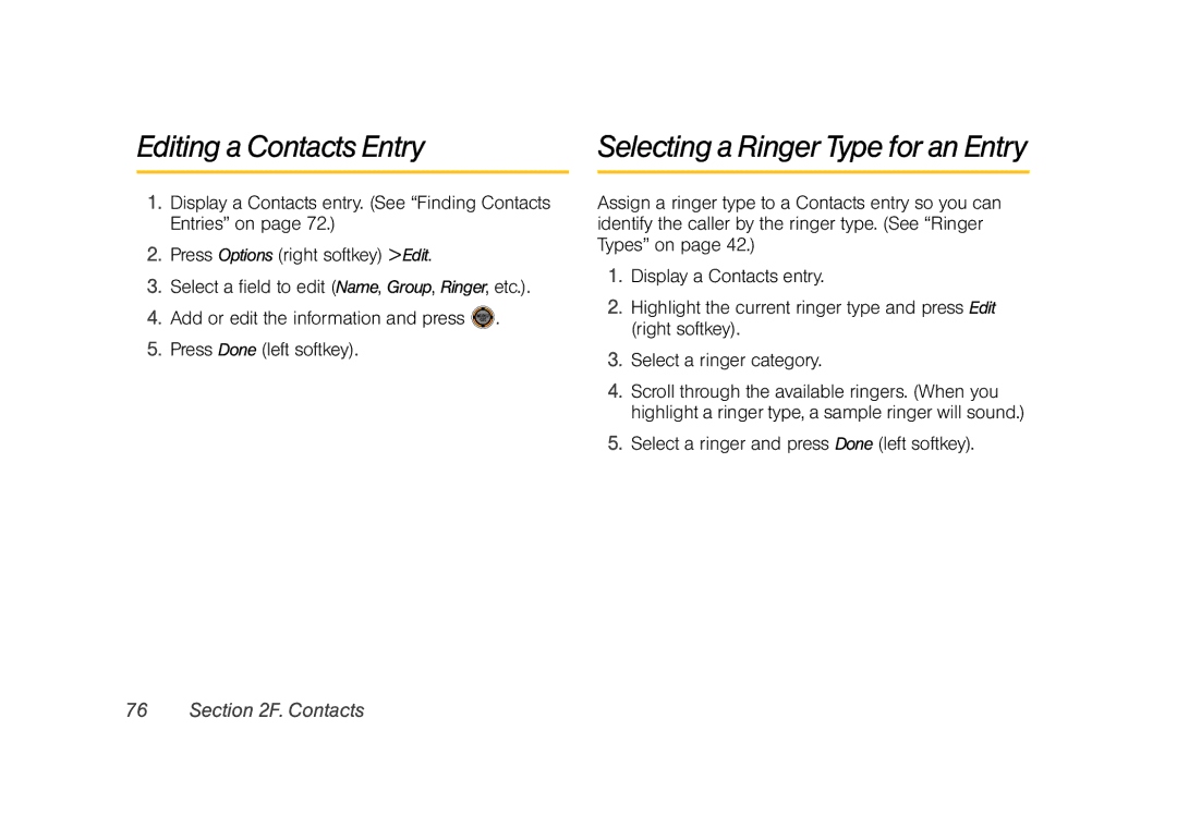 Sprint Nextel M520 manual Editing a Contacts Entry, Selecting a Ringer Type for an Entry 