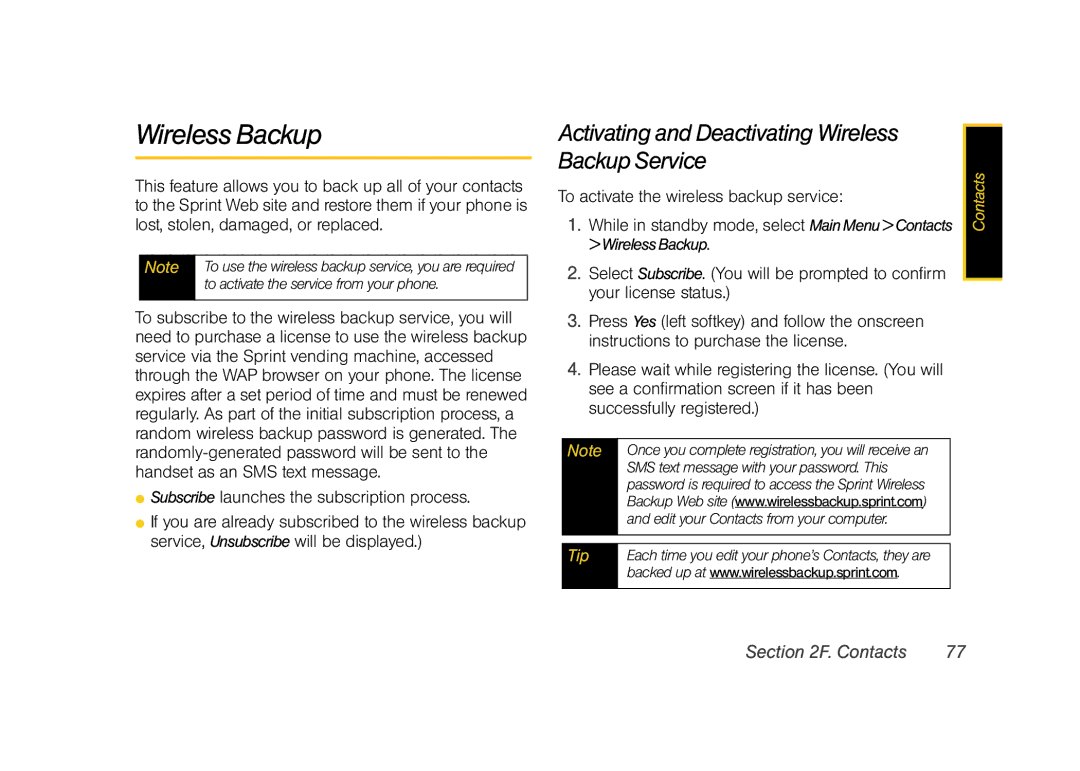 Sprint Nextel M520 manual Activating and Deactivating Wireless Backup Service, To activate the wireless backup service 