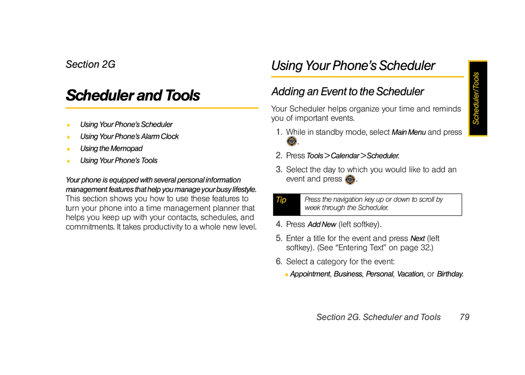 Sprint Nextel M520 manual Scheduler and Tools, Using Your Phone’s Scheduler, Adding an Event to the Scheduler 