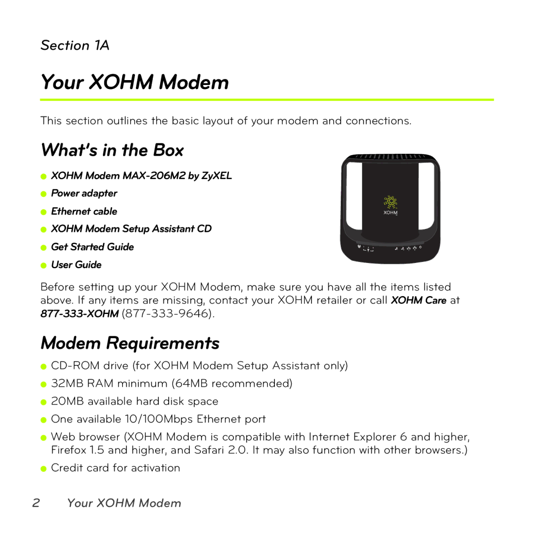 Sprint Nextel MAX-206M2 manual Your Xohm Modem, What’s in the Box, Modem Requirements 