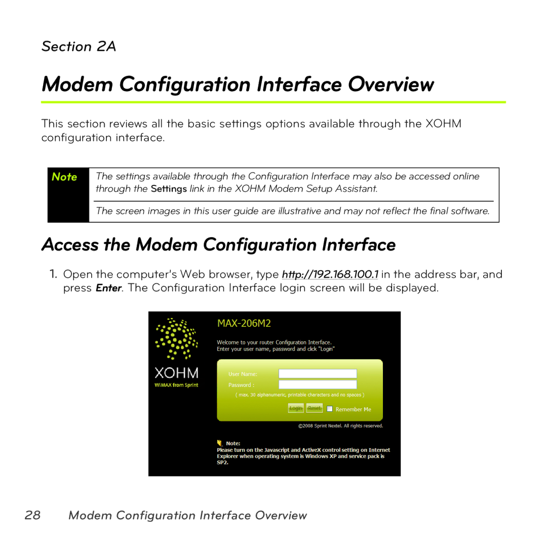 Sprint Nextel MAX-206M2 manual Modem Configuration Interface Overview, Access the Modem Configuration Interface 