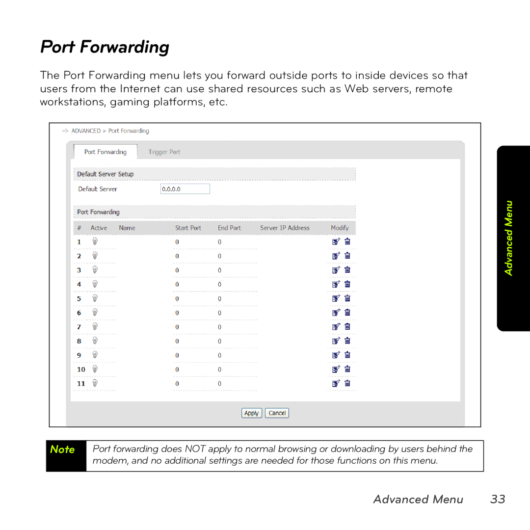 Sprint Nextel MAX-206M2 manual Port Forwarding, Advanced Menu 