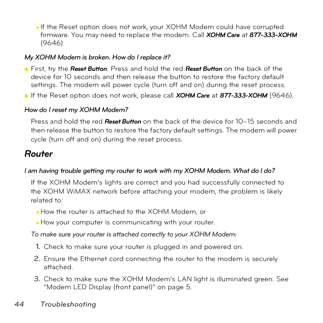 Sprint Nextel MAX-206M2 manual Router, My Xohm Modem is broken. How do I replace it? 