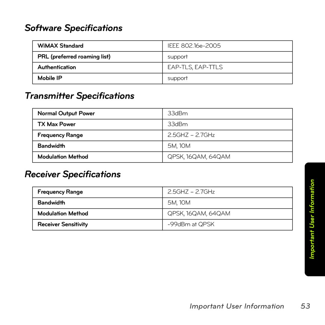 Sprint Nextel MAX-206M2 manual Software Specifications, Transmitter Specifications, Receiver Specifications 