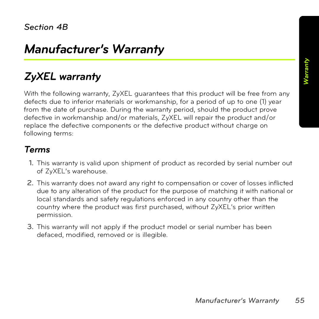 Sprint Nextel MAX-206M2 manual Manufacturer’s Warranty, ZyXEL warranty, Terms 