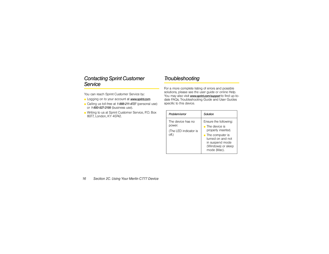 Sprint Nextel Merlin C777 manual Contacting Sprint Customer Service, Troubleshooting 