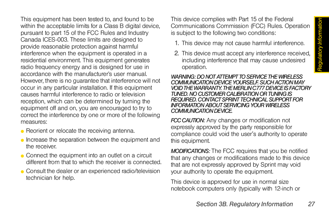 Sprint Nextel Merlin C777 manual Regulatory Information 