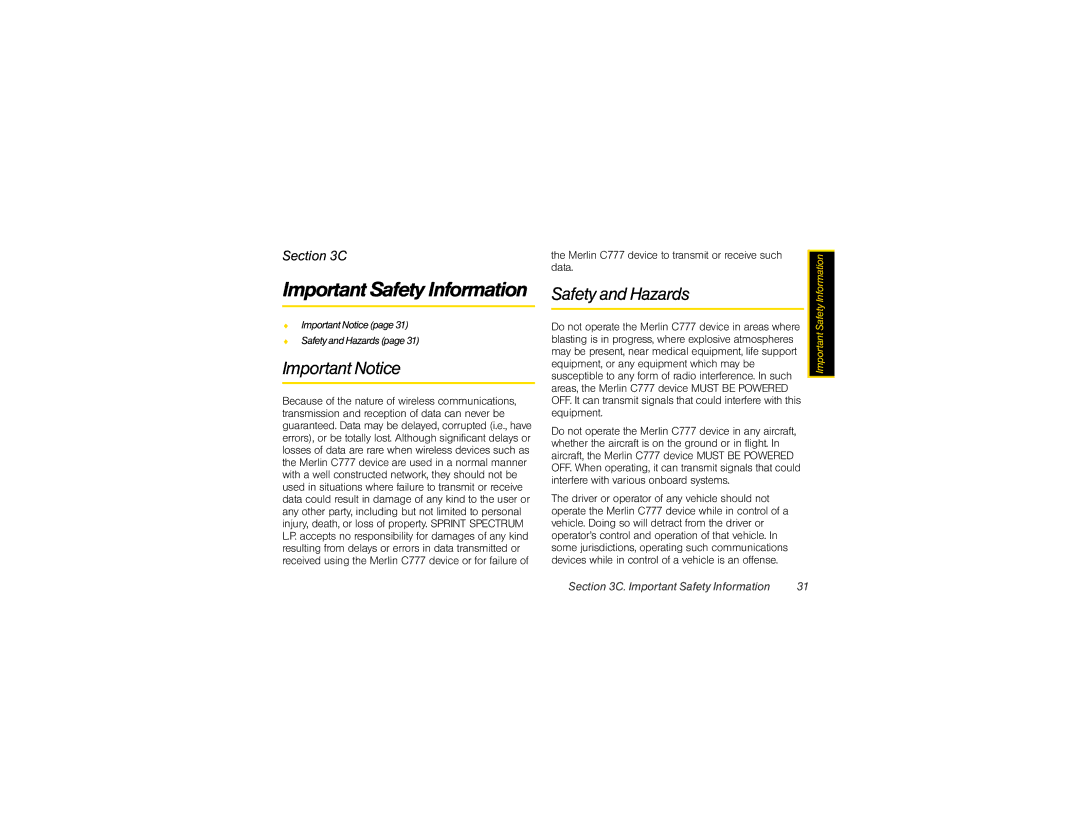 Sprint Nextel Merlin C777 manual Important Safety Information, Important Notice, Safety and Hazards 