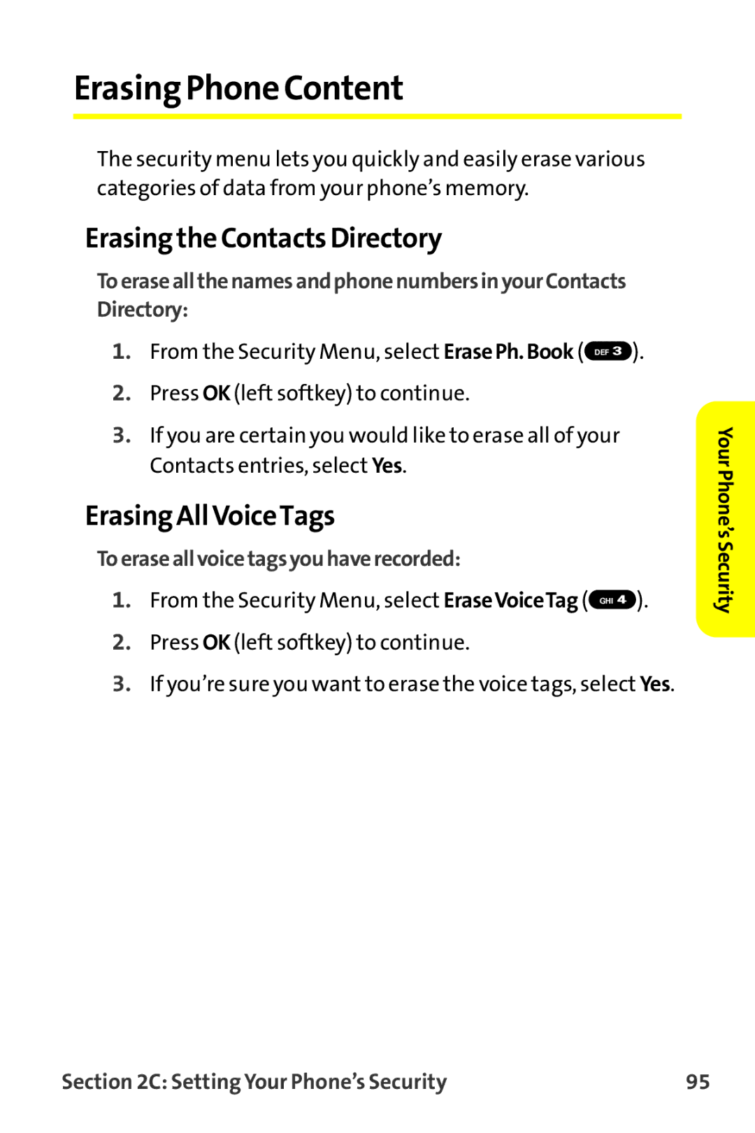 Sprint Nextel MM-7500 manual ErasingPhone Content, Erasing the Contacts Directory, Erasing All VoiceTags 