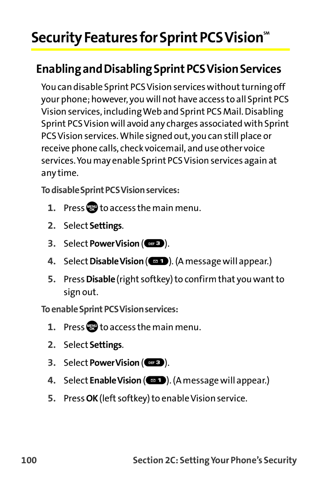 Sprint Nextel MM-7500 manual Security Features for SprintPCSVisionSM, Enabling and Disabling SprintPCSVision Services, 100 