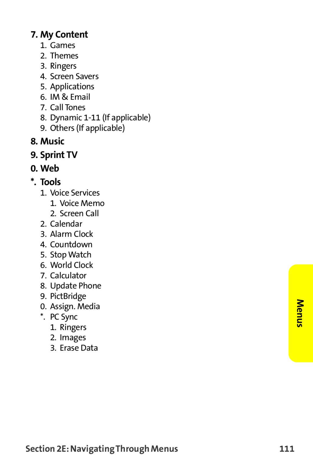 Sprint Nextel MM-7500 manual My Content, Navigating Through Menus 111 