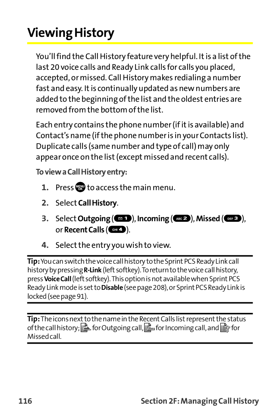 Sprint Nextel MM-7500 manual ViewingHistory, ToviewaCallHistoryentry, 116 