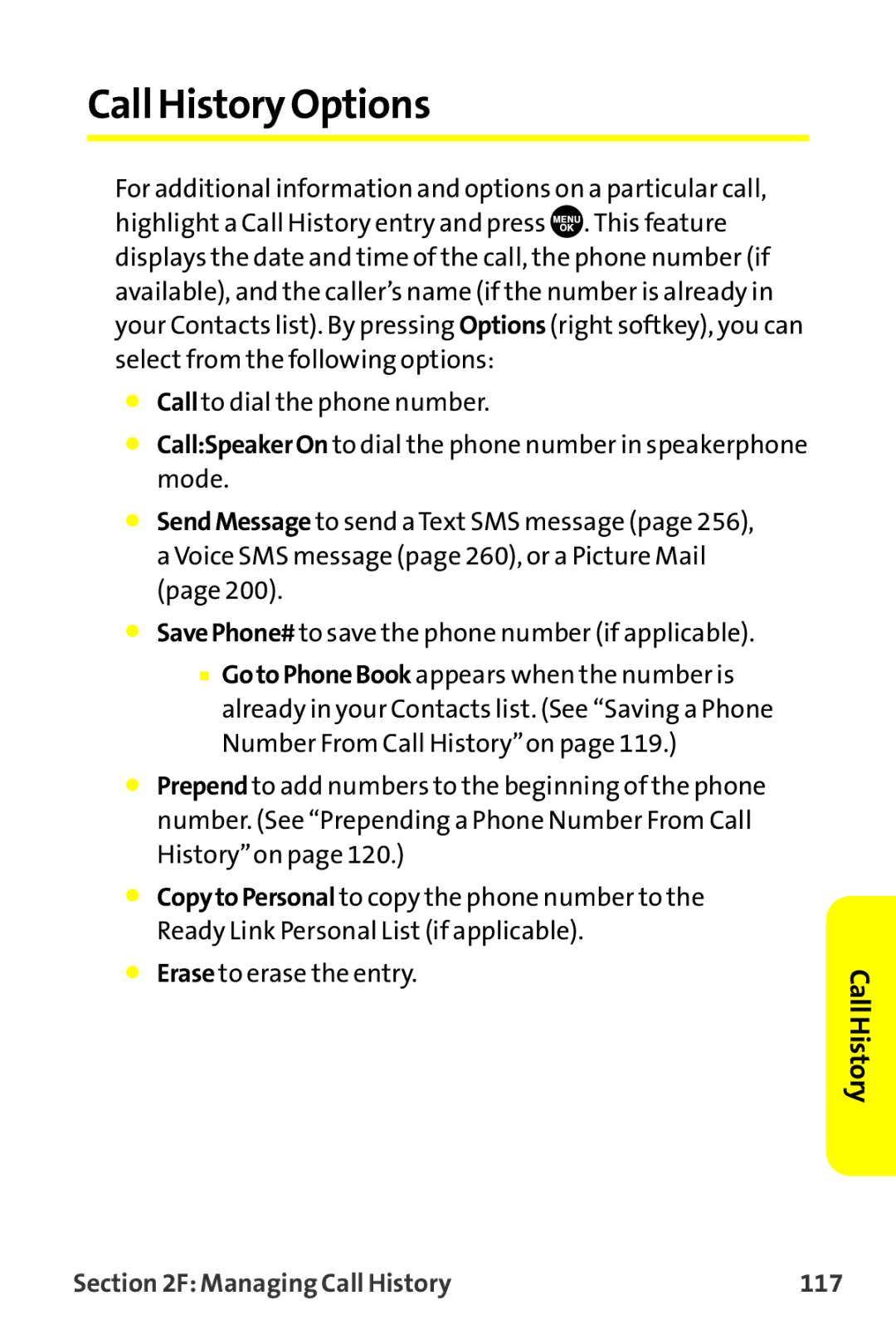 Sprint Nextel MM-7500 manual Call History Options, Managing Call History 117 