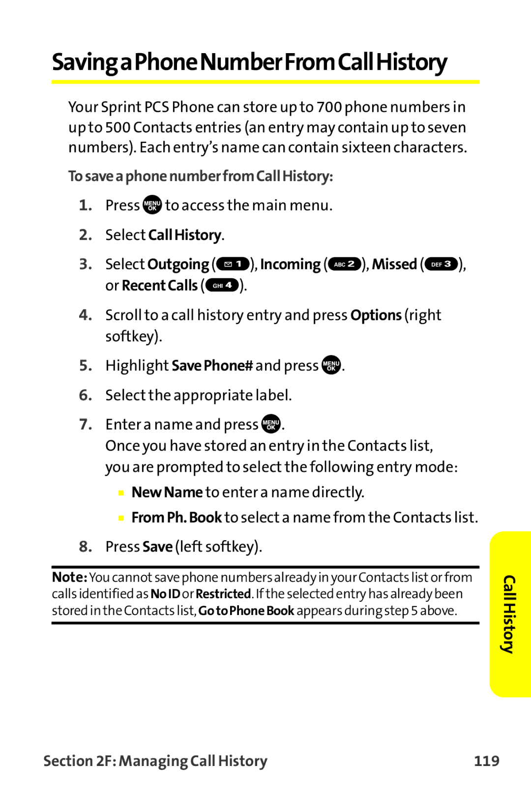 Sprint Nextel MM-7500 manual TosaveaphonenumberfromCallHistory, Managing Call History 119 