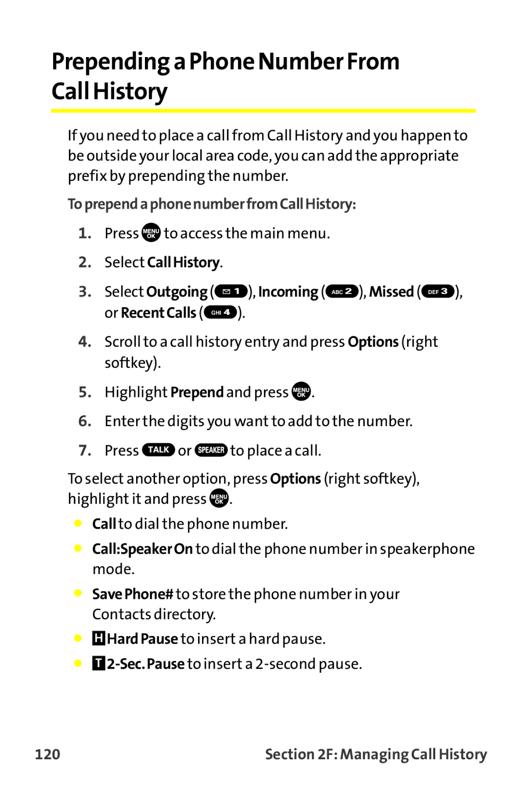 Sprint Nextel MM-7500 manual Prepending a Phone Number From Call History, ToprependaphonenumberfromCallHistory, 120 