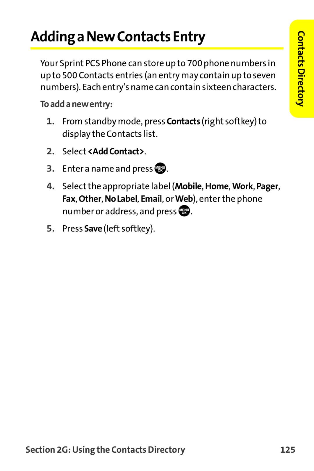 Sprint Nextel MM-7500 Addinga New Contacts Entry, Toaddanewentry, Select AddContact, Using the Contacts Directory 125 