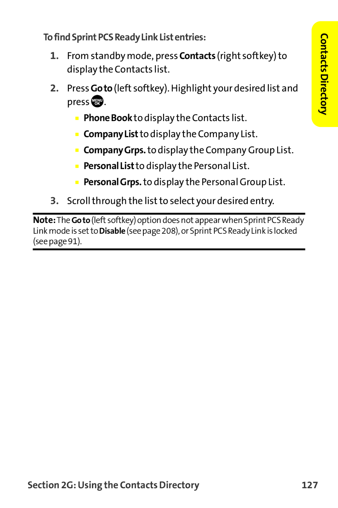 Sprint Nextel MM-7500 manual TofindSprintPCSReadyLinkListentries, Using the Contacts Directory 127 