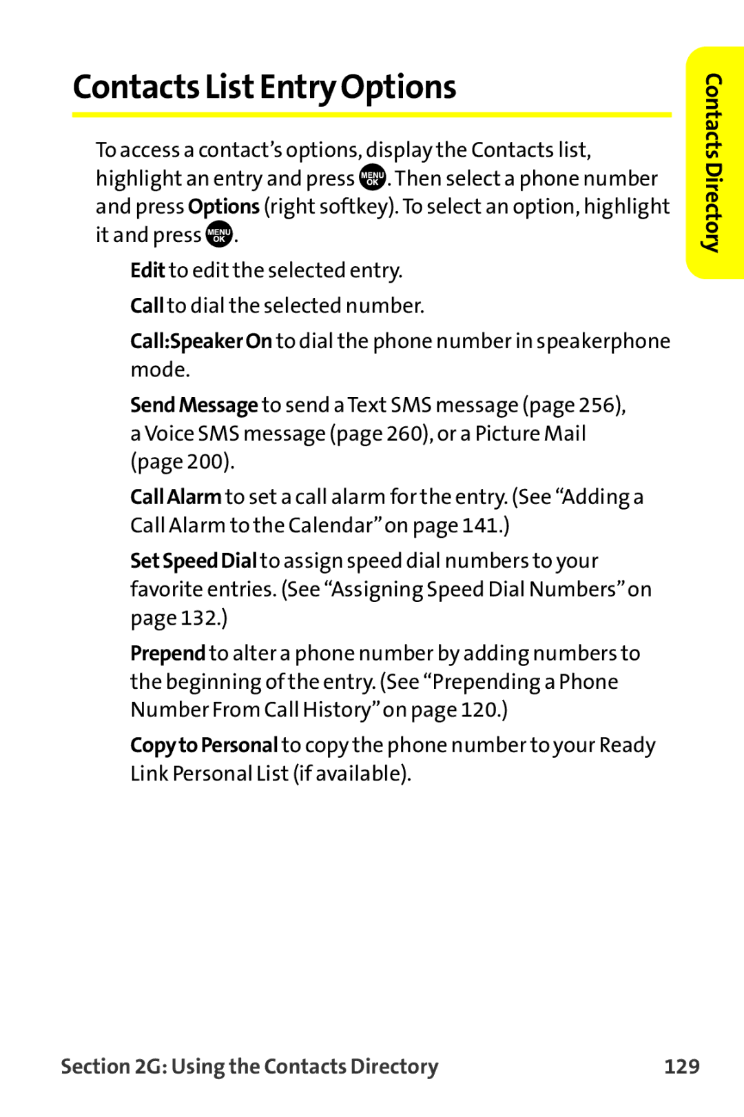 Sprint Nextel MM-7500 manual Contacts ListEntry Options, Using the Contacts Directory 129 