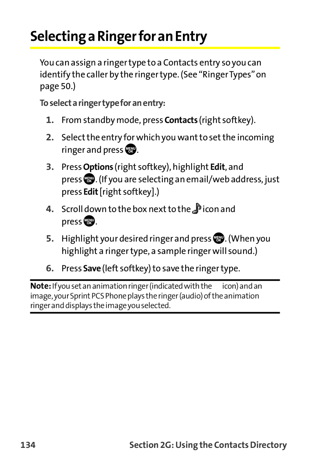 Sprint Nextel MM-7500 manual Selecting a Ringer for an Entry, Toselectaringertypeforanentry, 134 